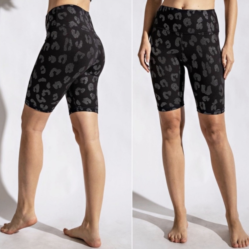 LAST Pair! Black High Waisted Bike Shorts w/Beautiful Shiny Silver Leopard Print - Picture 3 of 4